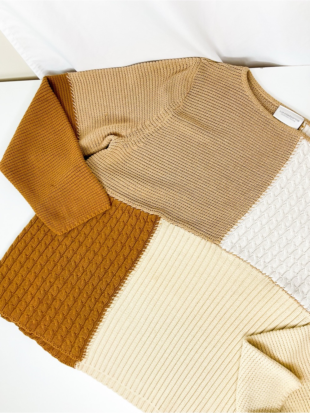 Vintage Liz Claiborne Colorblock Patchwork CableKnit Sweater - Cream, Tan - Picture 5 of 10